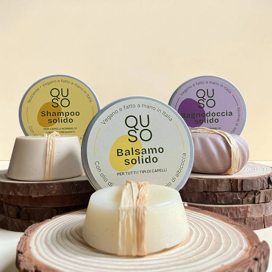 Set Doccia Solida Naturale – Shampoo + Balsamo + Bagnoschiuma - QUSO